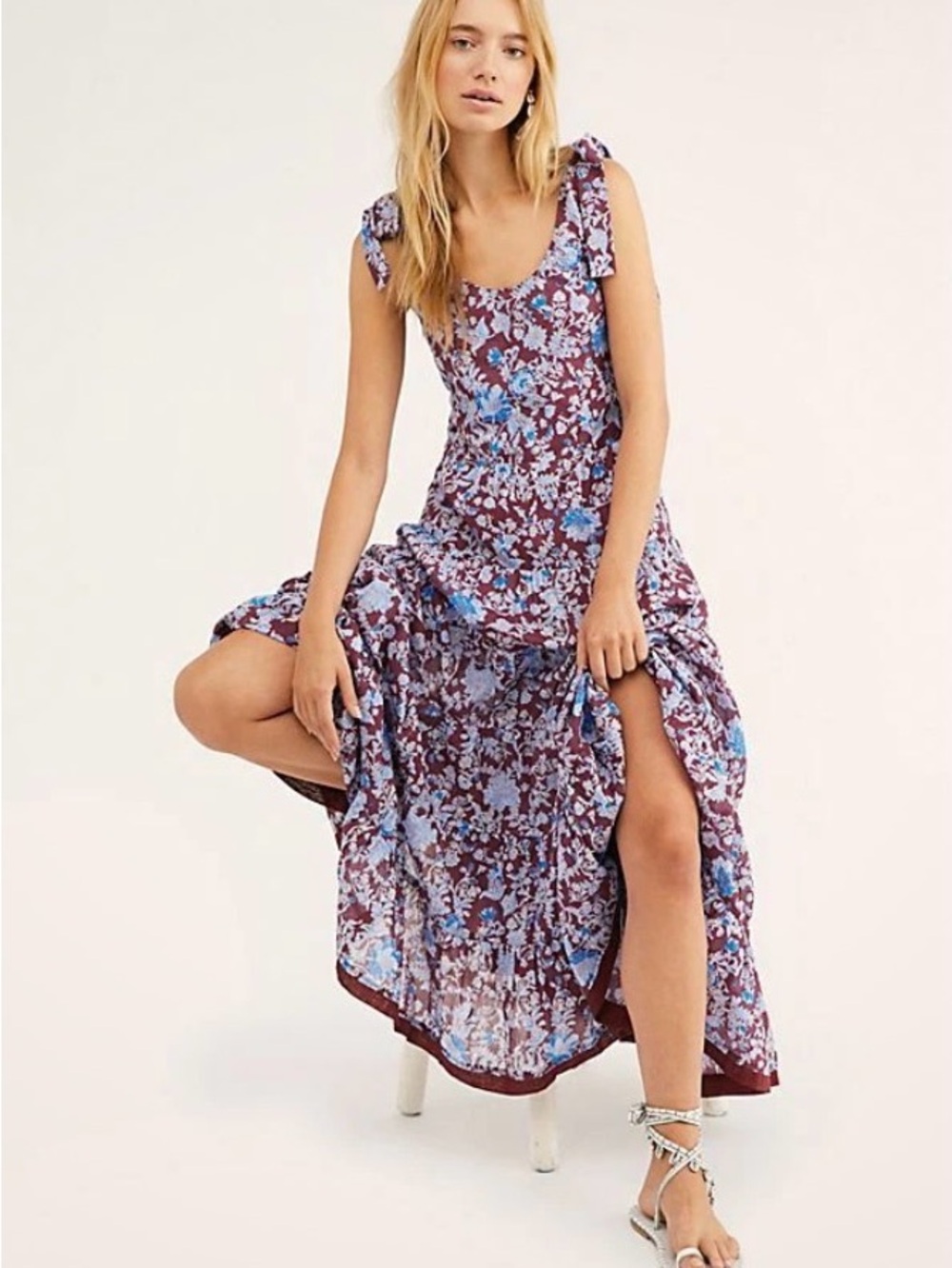 Free People Plum Floral Maxi Dress with Light Blue Flowers - Picture 3 of 7